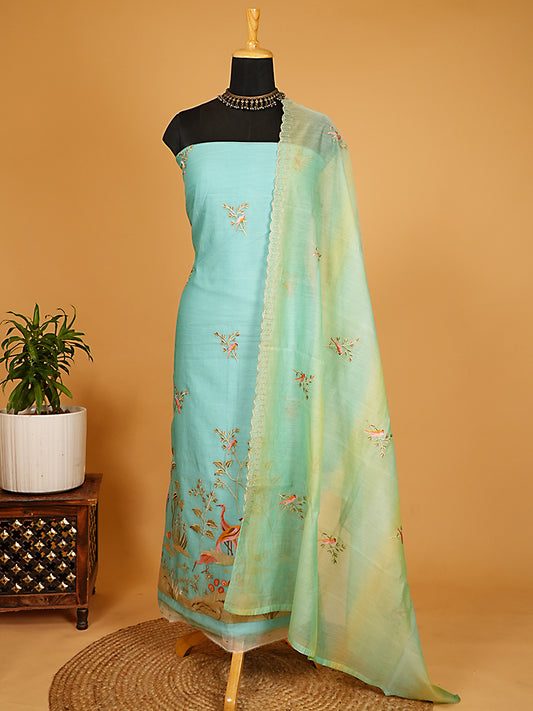 Aqua Blue Handloom Pure Mul Chanderi Flamingo Embroidered Suit Set