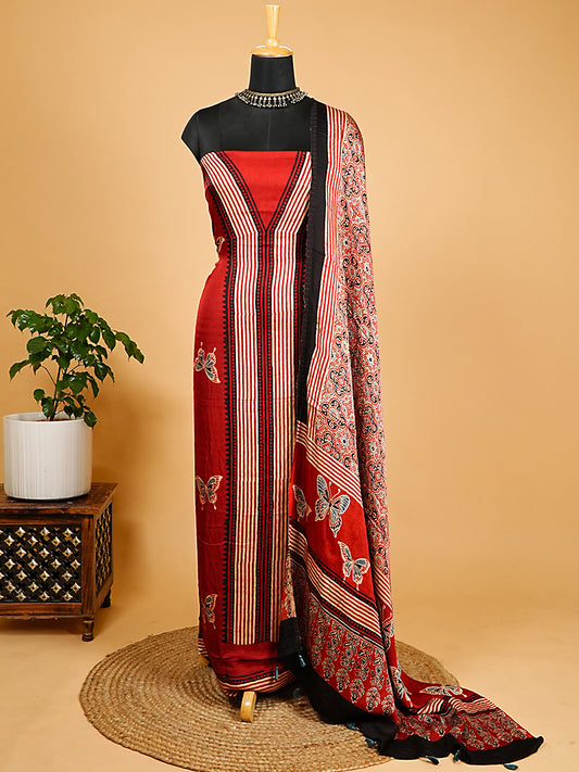Crimson Red Striped Block Print 2-Piece Suit Set