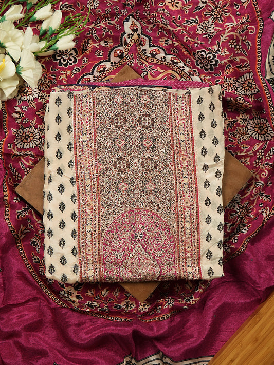 Off-White & Magenta Muslin Block Print Suit Set