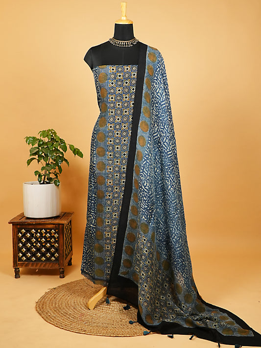 Indigo Blue Crushed Linen Silk 2 Piece Suit Set