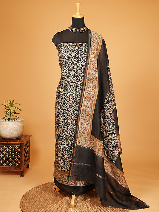 Black & Mustard Floral Mul Chanderi Suit Set