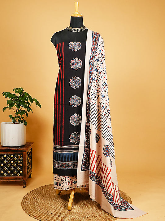 Black and Red Striped Handloom Cotton Ajrakh Suit Set