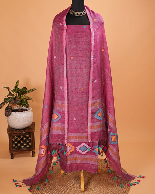 Dark Magenta Linen Tissue Jamdani Handwoven Suit Set