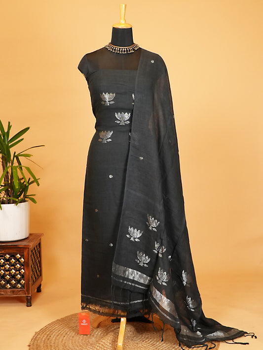 Black Jayshree Linen Silver Jamdani 2-Piece Suit Set