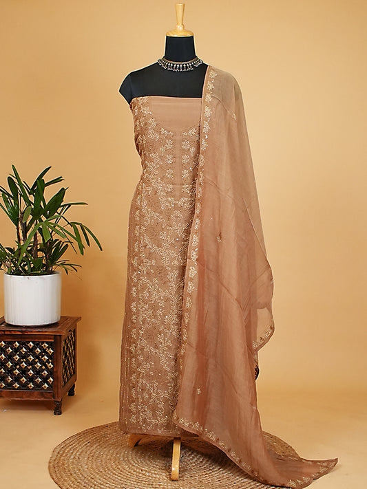 Light Brown Soft Mul Chanderi Kantha Stitch Suit Set