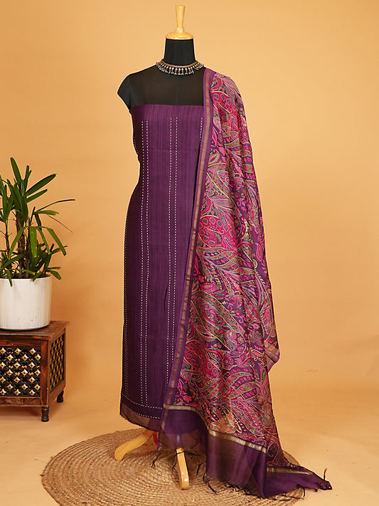 Deep Purple Maheshwari Silk Kantha Stitch Suit Set
