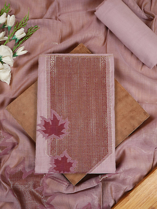 Soft Mauve Chanderi Silk Jamdani Suit Set with Silver Zari