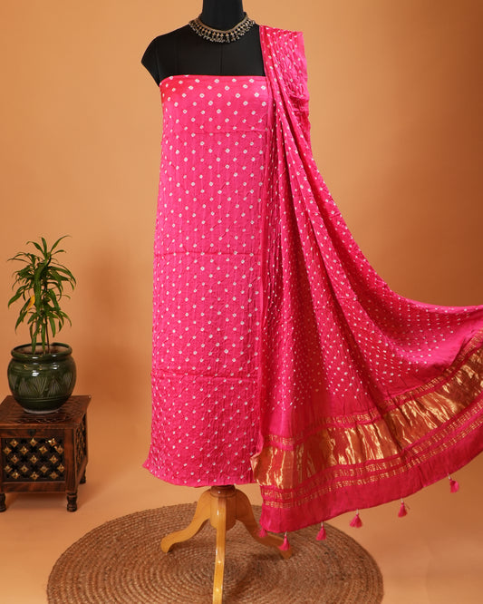 Hot Pink Bandhej Modal Silk Suit Set