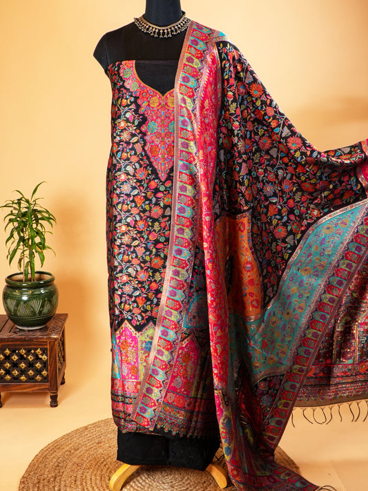 Black Multicolour Mulberry Silk Suit Set With Jamawar Handweaving