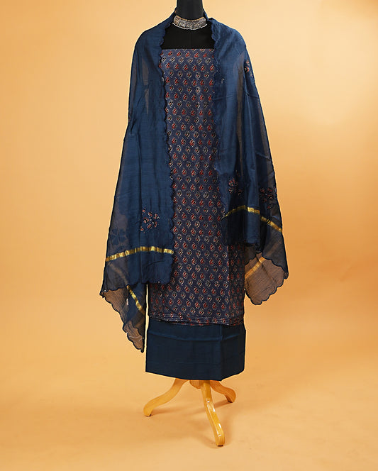 Blue Handblock Print Maheshwari Silk Suit Set