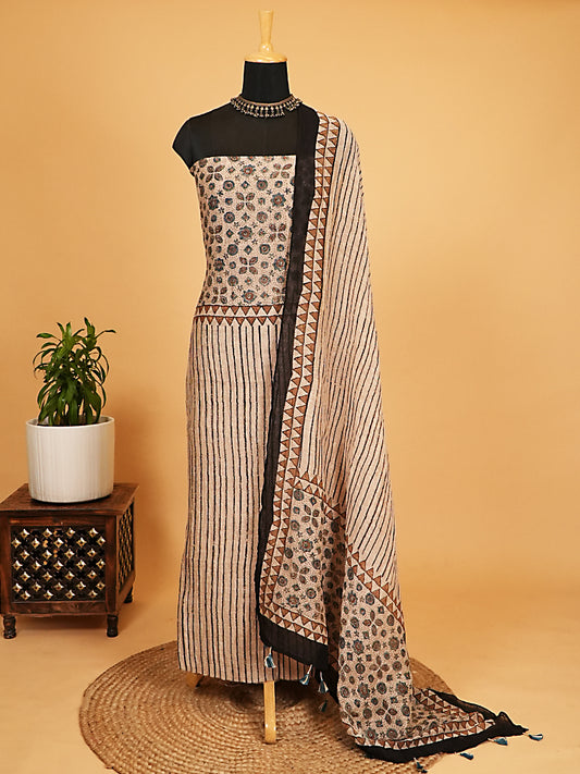 Natural Beige Striped Organic Ajrakh Crushed Linen Silk 2-Pc Suit Set