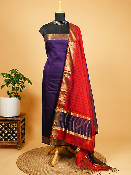 Dark Purple and Magenta Handloom Maheshwari Silk 2-Piece Suit Set