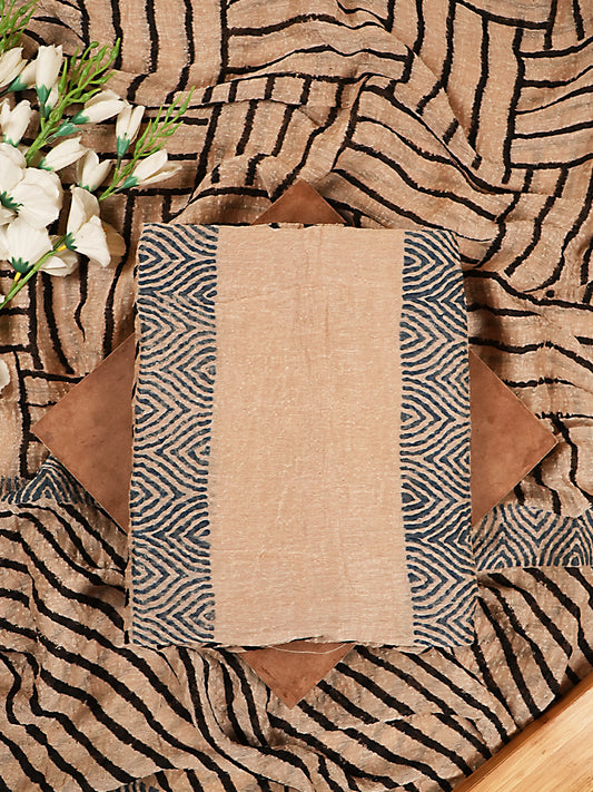Beige Abstract Geometric Organic Ajrakh Crushed Linen Silk 2-Pc Suit Set