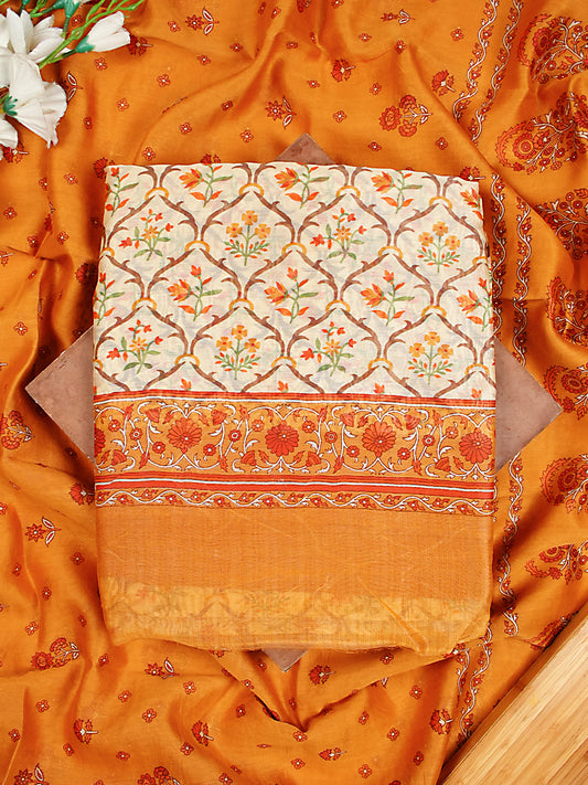 Cream & Orange Purple Maheshwari Silk Jaal Print Suit Set