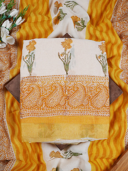 Off-White & Yellow Soft Mul Chanderi Block Print Suit Set