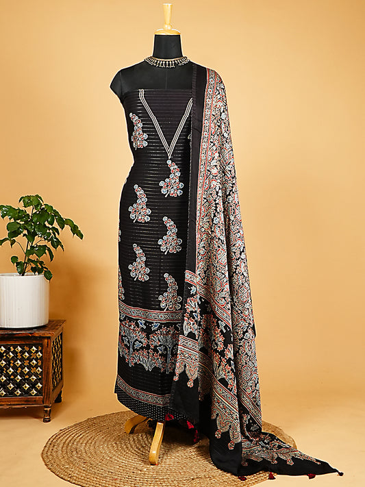 Midnight Black Organic Modal Silk Ajrakh 2-Piece Suit Set