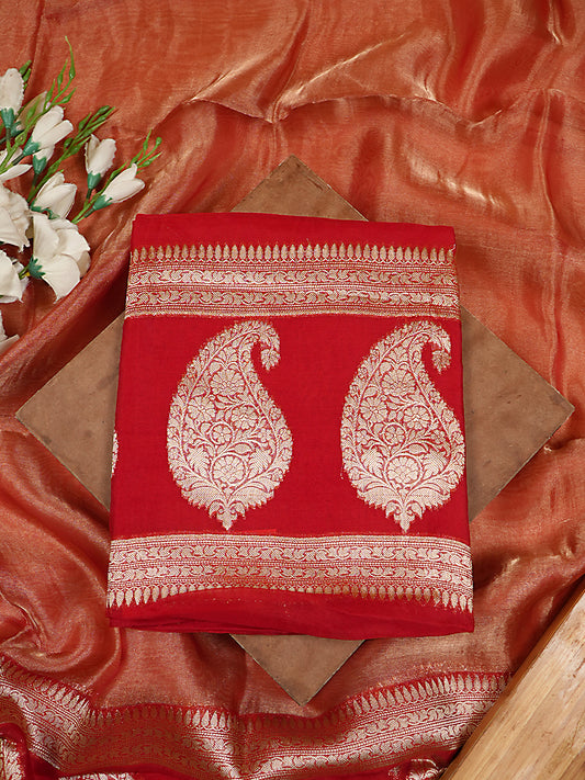 Crimson Red Pure Kora Silk Banarasi Suit Set