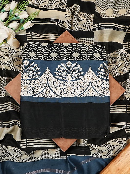 Deep Blue Printed Maheshwari Silk Suit Set