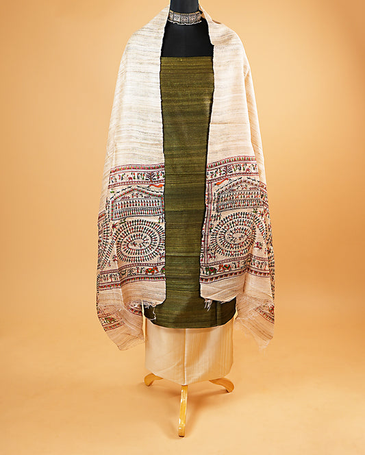 Olive Green Pure Tussar-Ghicha Suit Set