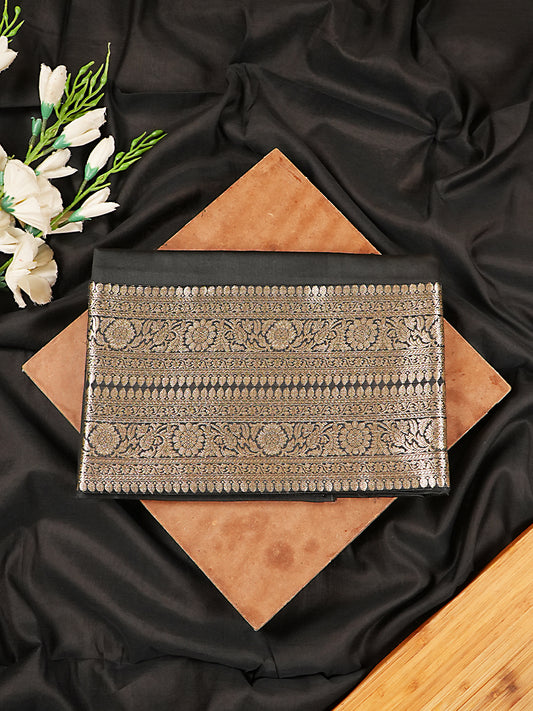 Classic Black Pure Mul Chanderi Banarasi Suit Set with Silver Zari
