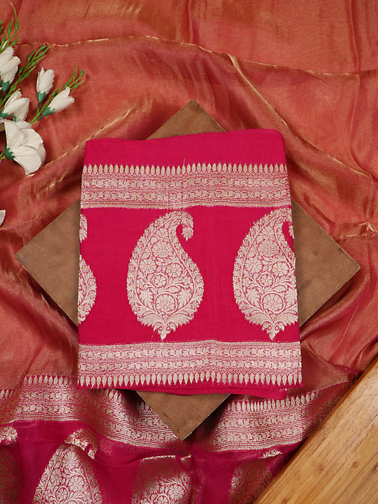 Rani Pink Pure Kora Silk Banarasi Suit Set