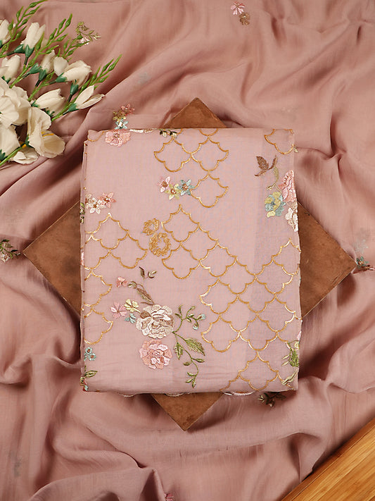 Pastel Pink Pure Mul Chanderi Floral Suit Set