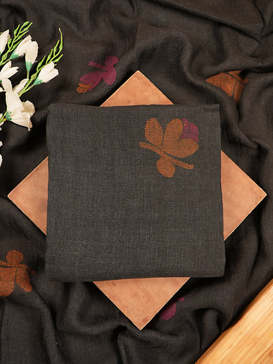 Charcoal Black Pure Jayshree Linen Jamdani 2-Piece Suit Set