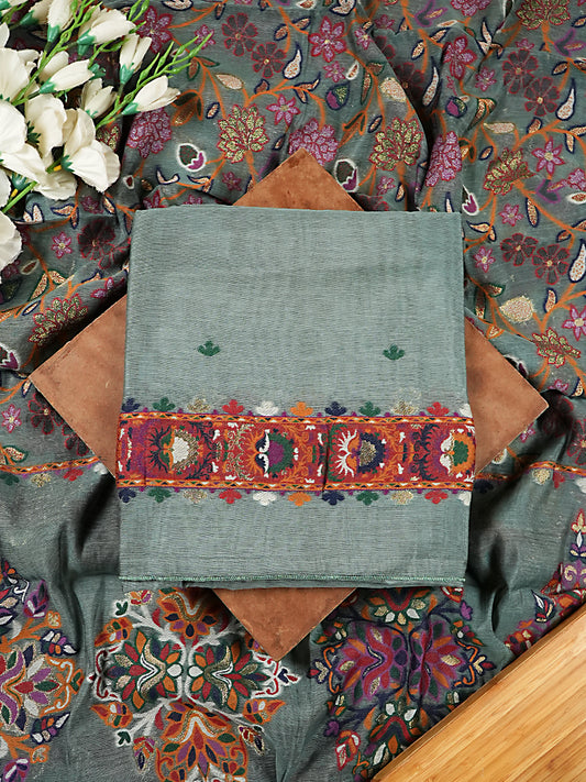 Teal Green Chanderi Silk Suit Set with Multicolour Jamdani Weaving