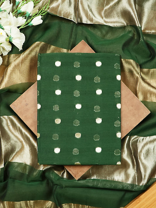 Dark Green Pure Mul Chanderi Suit with Polka-Style Banarasi Weaving
