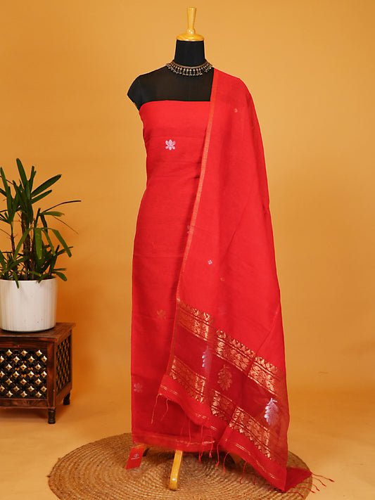 Radiant Red Pure Linen Silk Jamdani 2-Piece Suit Set
