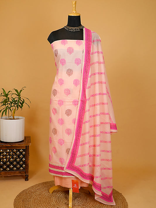 Soft Peach Pink Chanderi Silk Block Printed Suit Set with Gota Patti Highlights