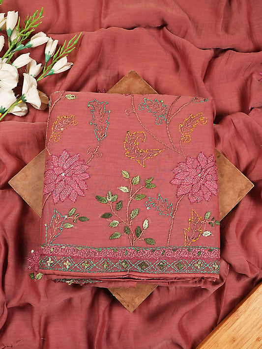 Soft Rose Floral Embroidered Mul Chanderi Suit Set