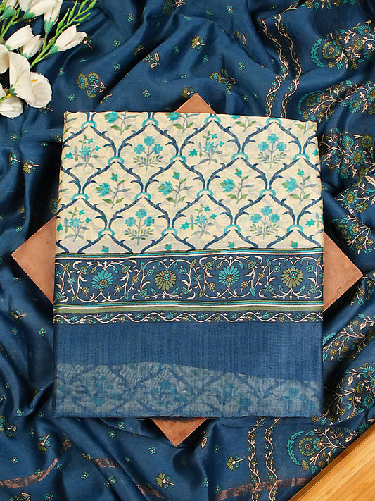 Cream & Indigo Blue Maheshwari Silk Printed Suit Set
