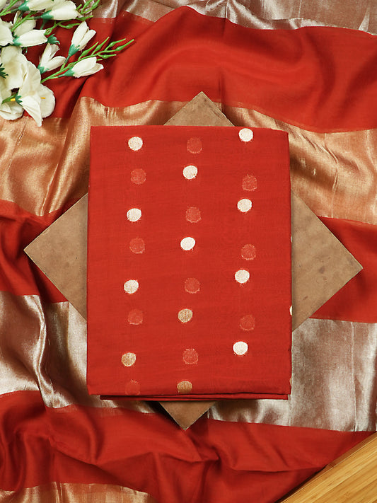 Red Pure Mul Chanderi Suit with Polka-Style Banarasi Weaving