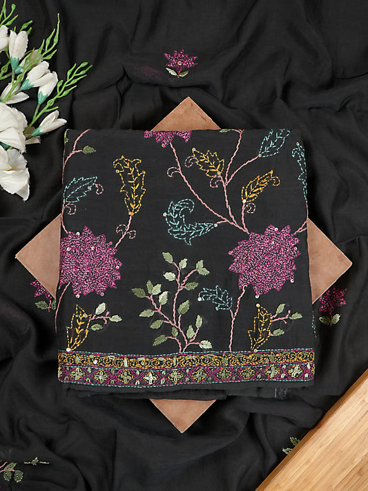 Black Floral Embroidered Mul Chanderi Suit Set