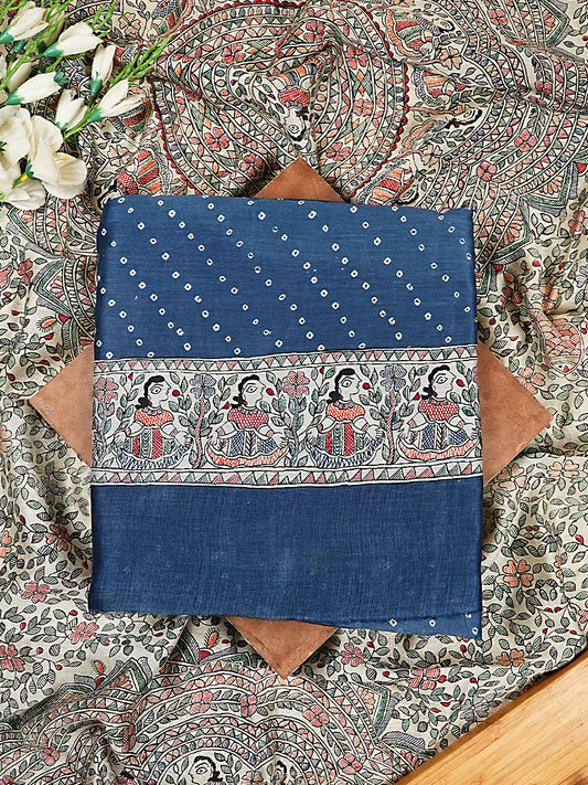 Blue Maheshwari Silk Suit Set with Bandhani Print
