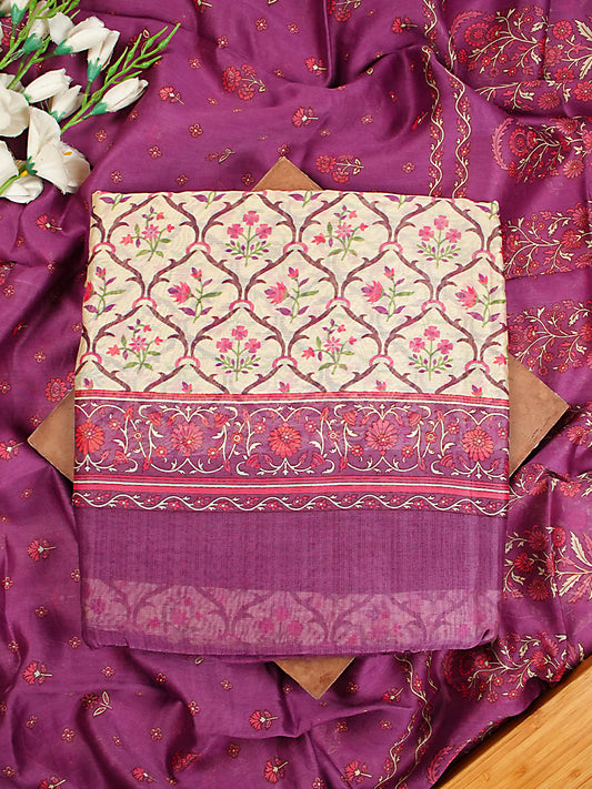 Cream & Plum Purple Maheshwari Silk Jaal Print Suit Set