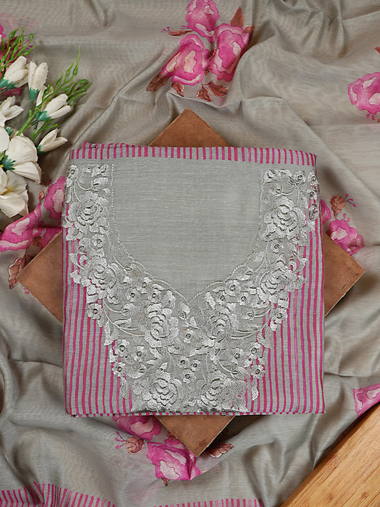 Grey & Pink Striped Chanderi Silk Embroidered Suit Set