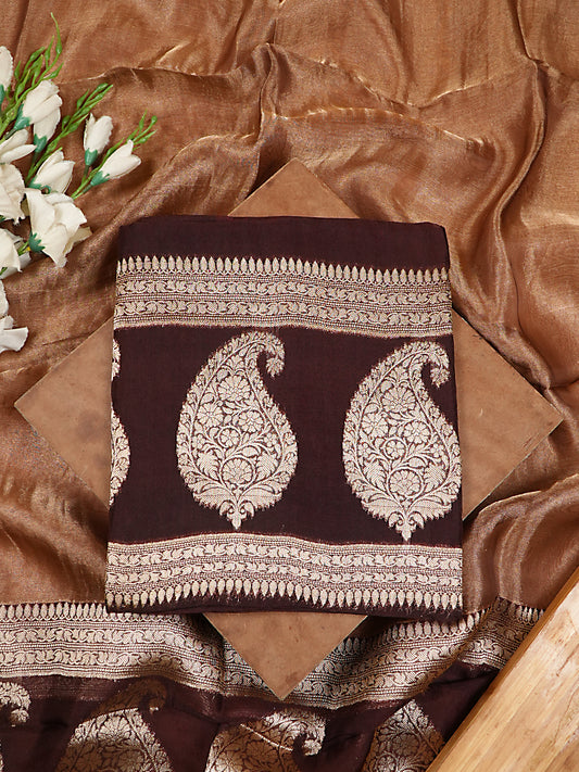 Deep Chocolate Brown Pure Kora Silk Banarasi Suit Set