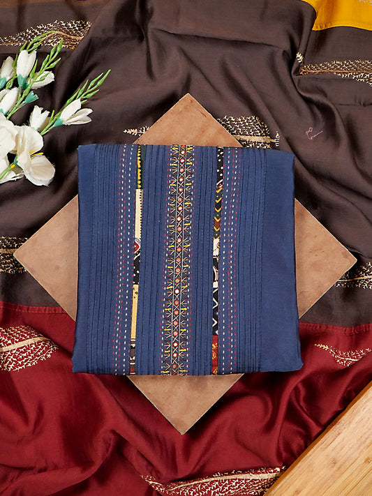 Midnight Ink Blue Silk Suit Set with Embroidered Yoke & Multi-Tone Printed Dupatta