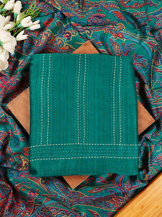 Teal Green Maheshwari Silk Kantha Stitch Suit Set
