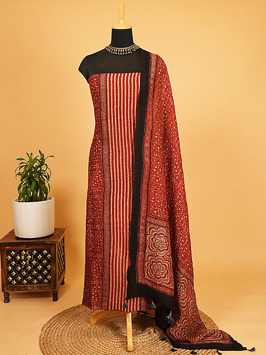 Rich Brick Red Striped Organic Ajrakh Crushed Linen Silk 2-Pc Suit Set