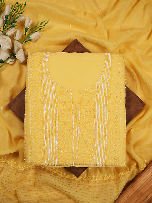 Pastel Yellow Mul Chanderi Lakhnavi Suit Set with Pearl & Thread Work