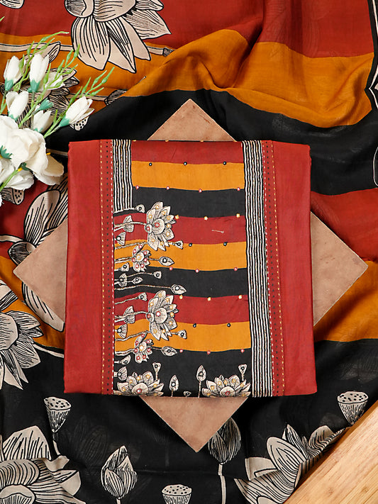 Rust Red Maheshwari Silk Suit Set with Artistic Mirror-Work Yoke