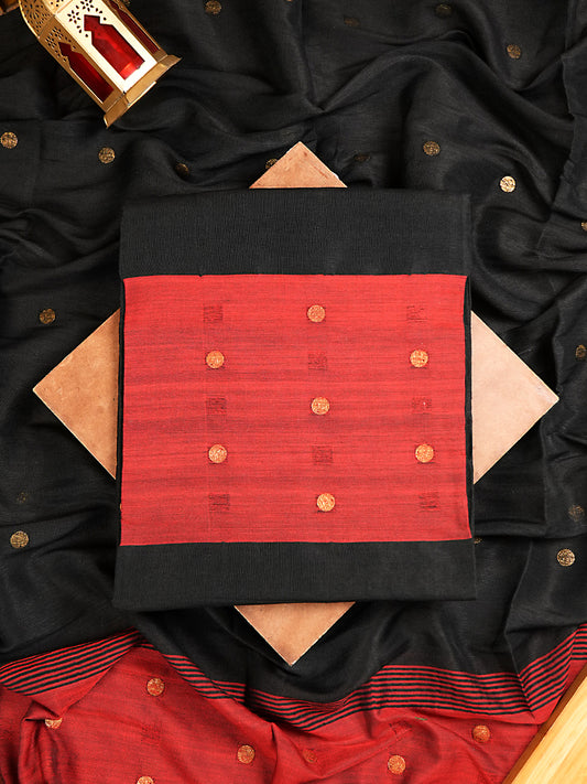 Black Jayshree Linen Jamdani Suit with Red Hem and Bootis