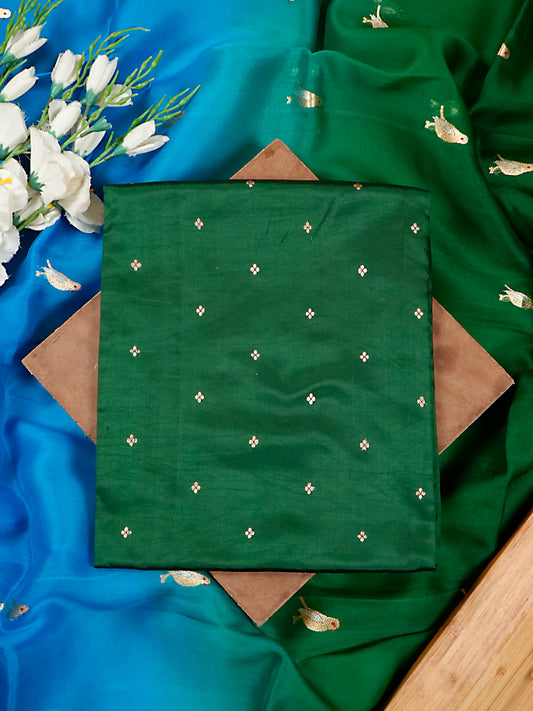 Emerald Green Pure Katan Silk Banarasi Suit Set with Shaded Kora Silk Bird Motif Dupatta