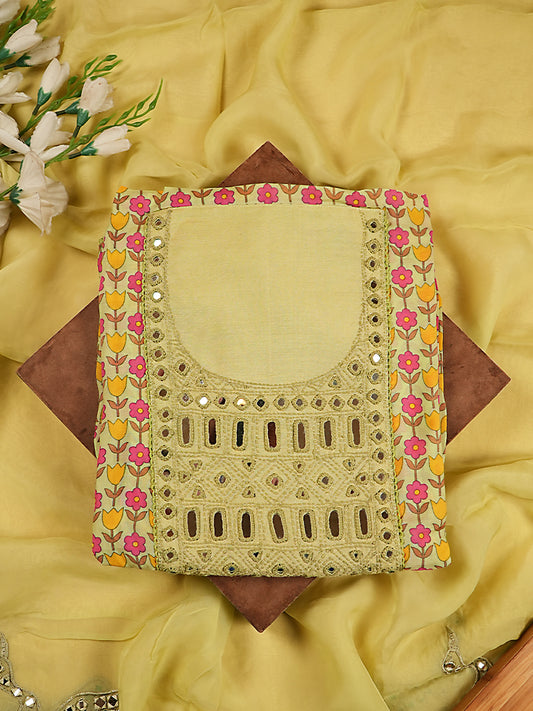 Pastel Green Floral Muslin Silk Suit With Mirror Work On Yoke
