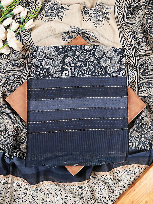 Midnight Blue Ornate Paisley Maheshwari Silk Suit Set