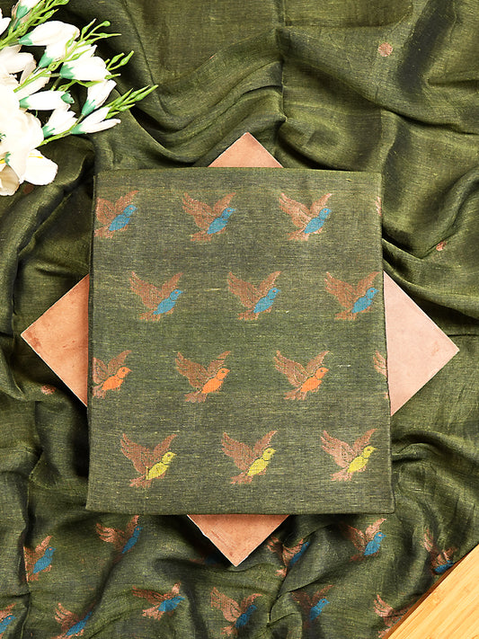 Olive Green Jayshree Linen Jamdani Suit with Multicolour Bird Motifs