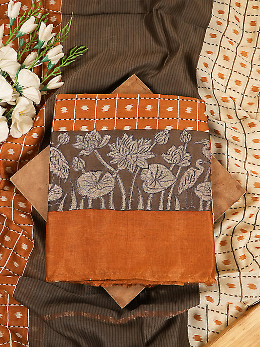 Rust Brown & Charcoal Maheshwari Silk Square Print Suit Set